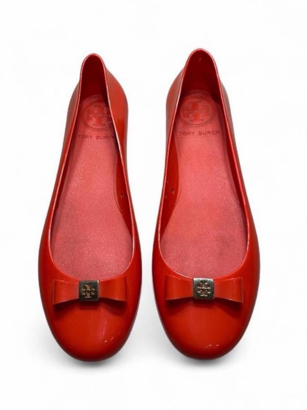 Tory Burch Jelly Ballet Flats Women’s 8M Orange Red Bow Logo Slip On Shoes